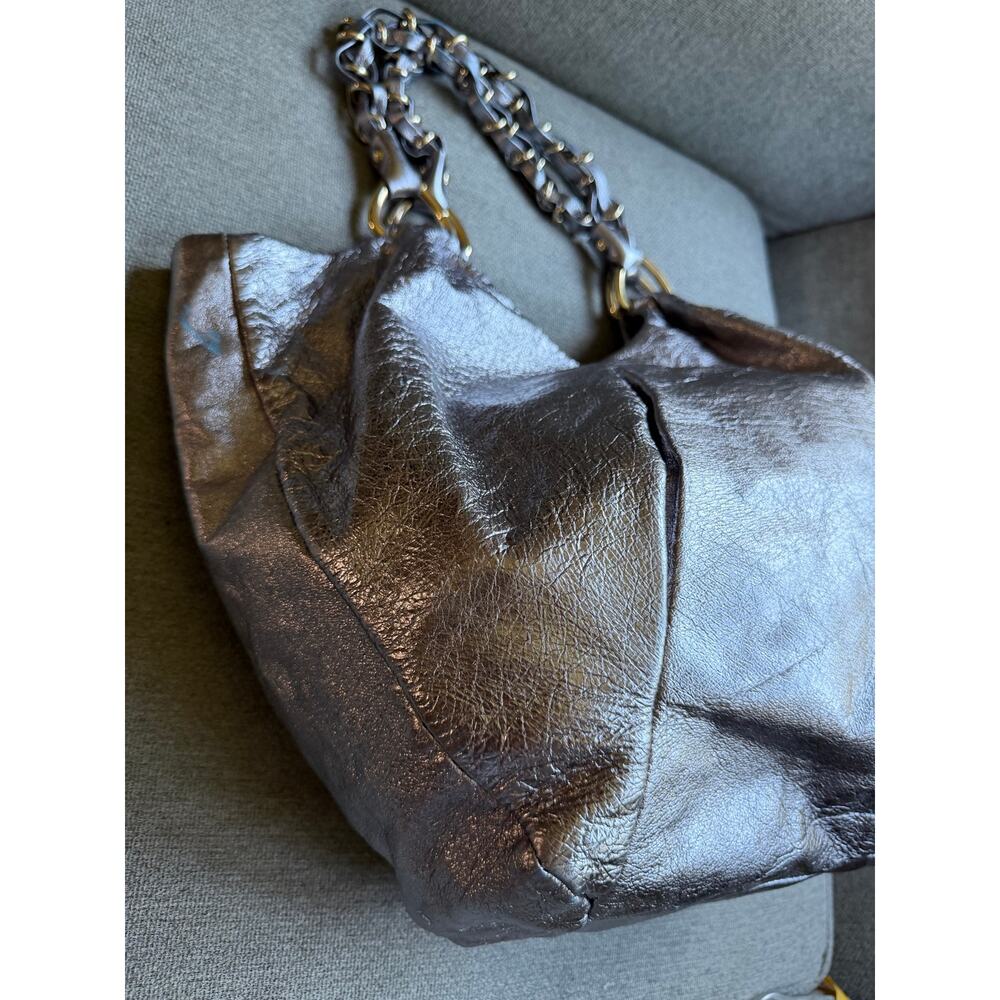 Elliot Lucca Silver Metallic Leather Shoulder Handbag Gold Braided Handles Boho - Picture 6 of 15